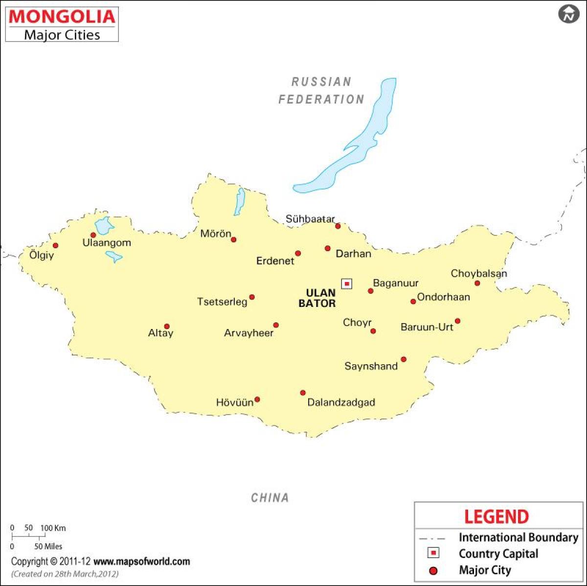 Mongoliet karta med städer