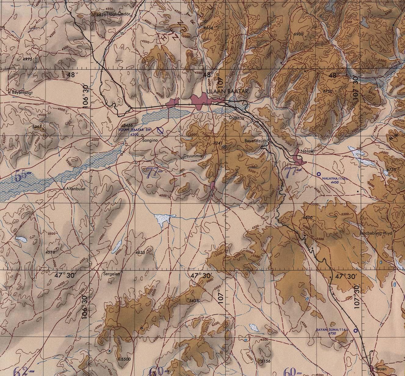 Mongoliet topografisk karta - Karta över Mongoliet topografiska (Östra